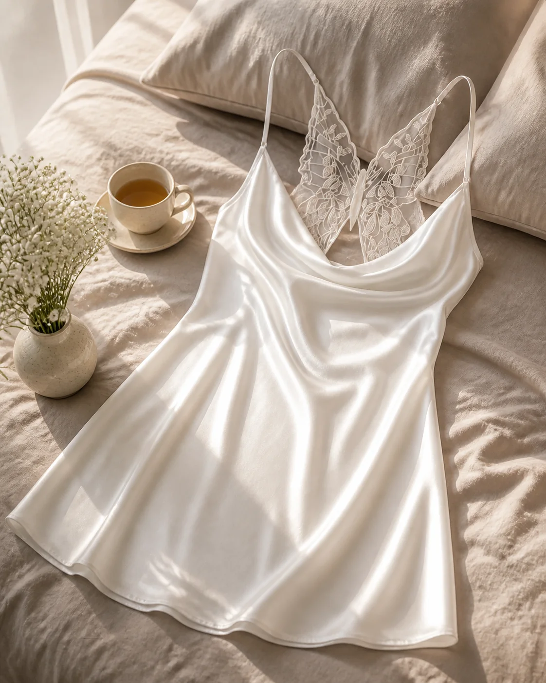 Ivory satin slip arranged on neutral bedding with tea and flowers