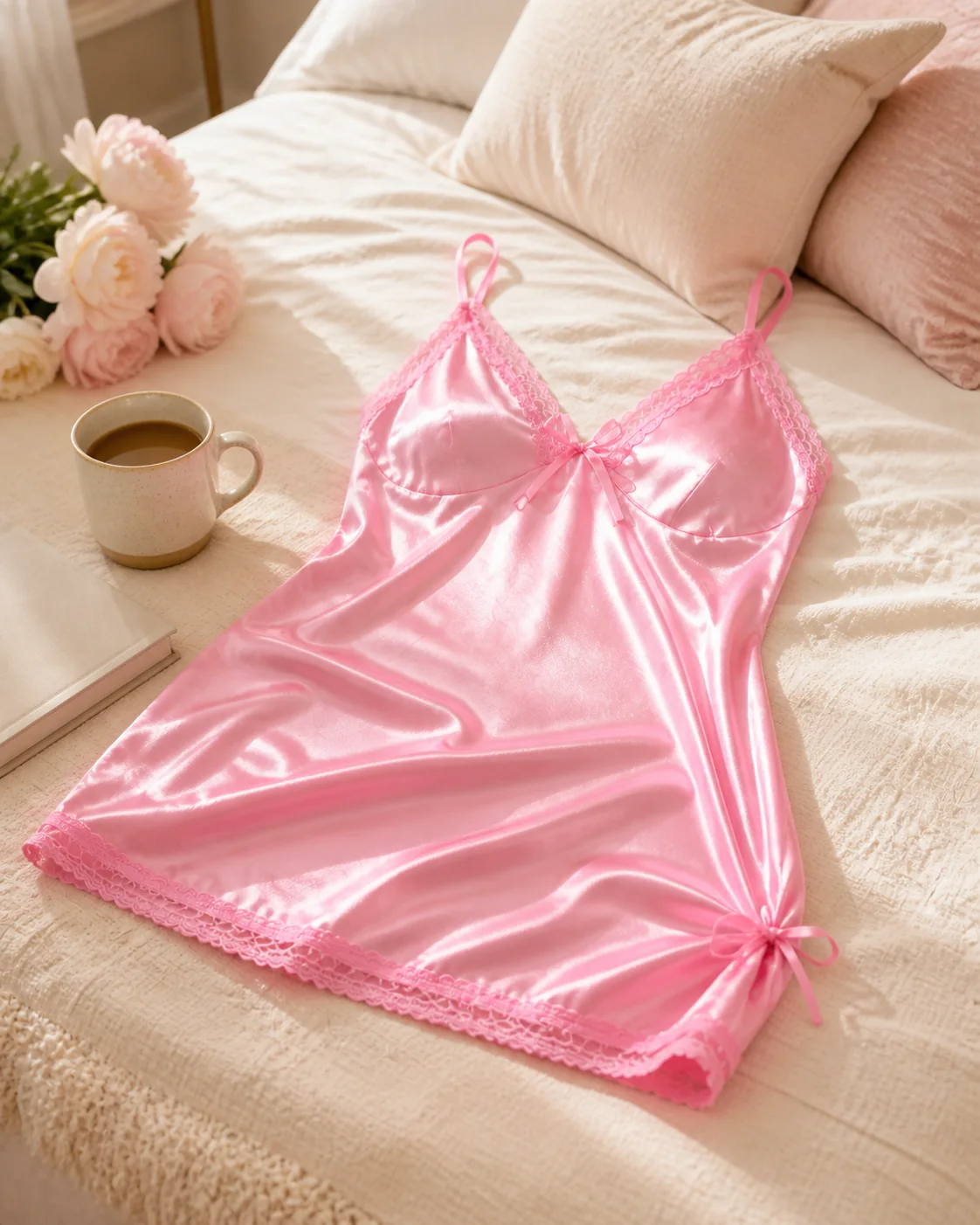 Bright rose-pink satin nightdress styled on an ivory bed with morning coffee
