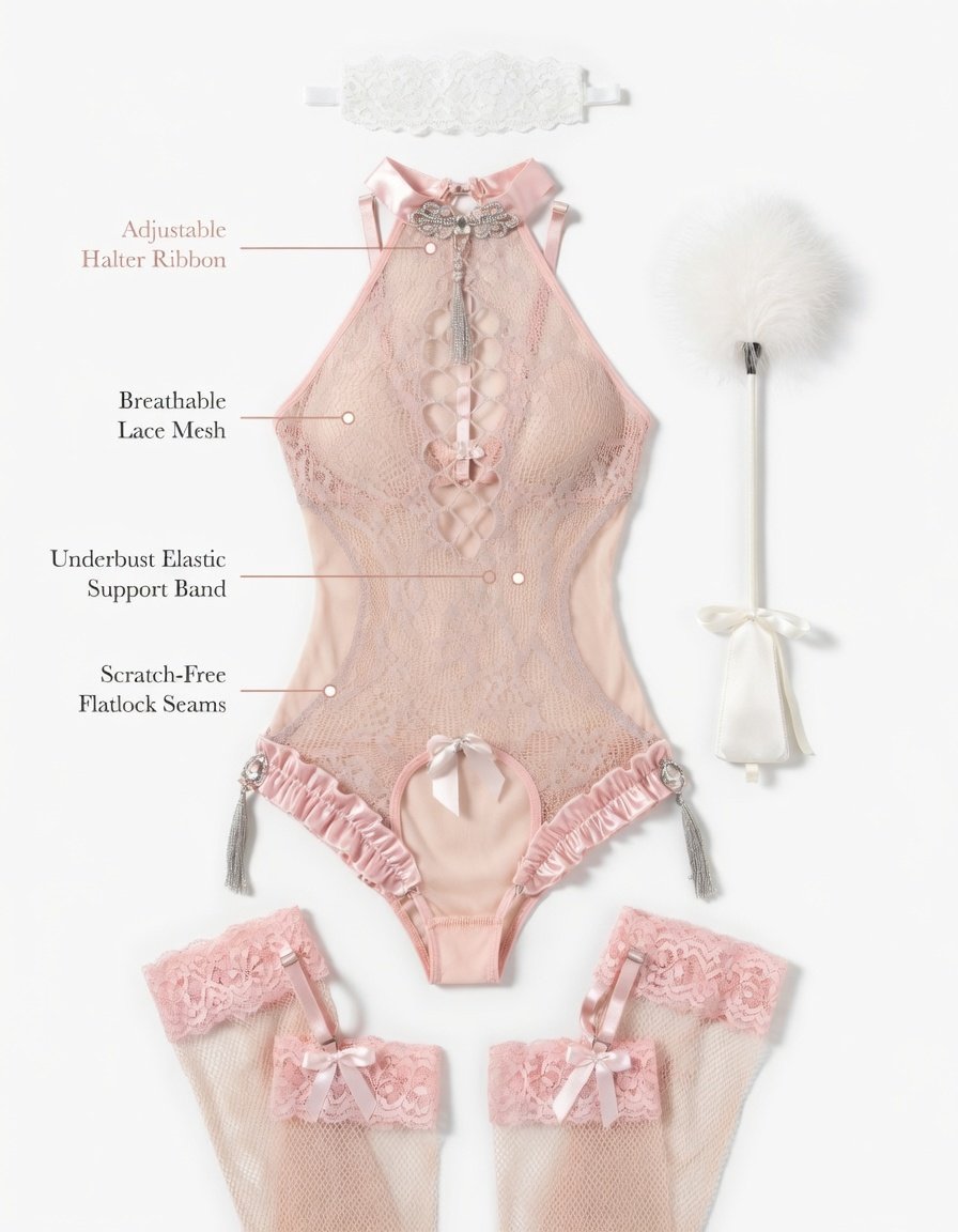 Blush Mesh Ruffle Bodystocking Set - Detail image 3