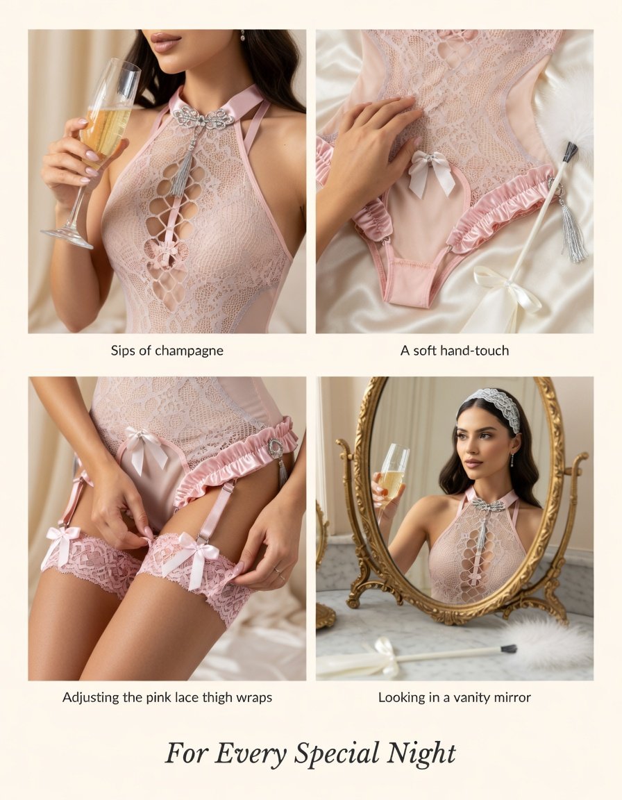 Blush Mesh Ruffle Bodystocking Set - Detail image 5