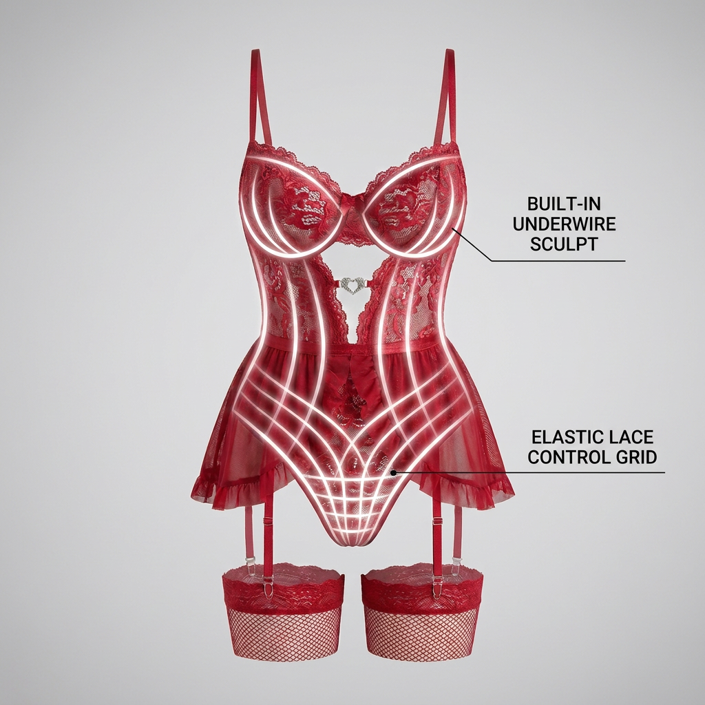 Crimson Lace Corset Babydoll Set - Detail image 3