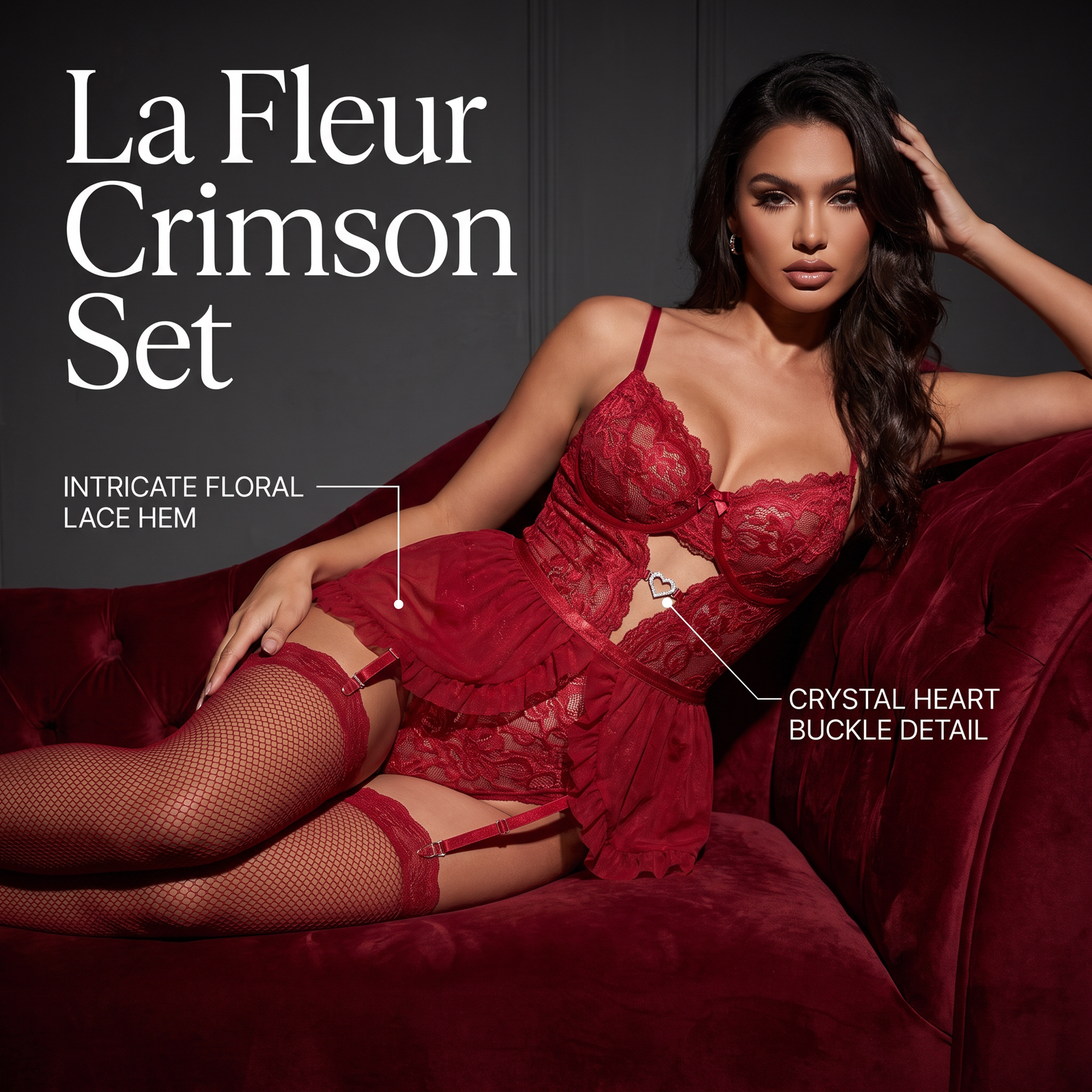 Crimson Lace Corset Babydoll Set - Detail image 8