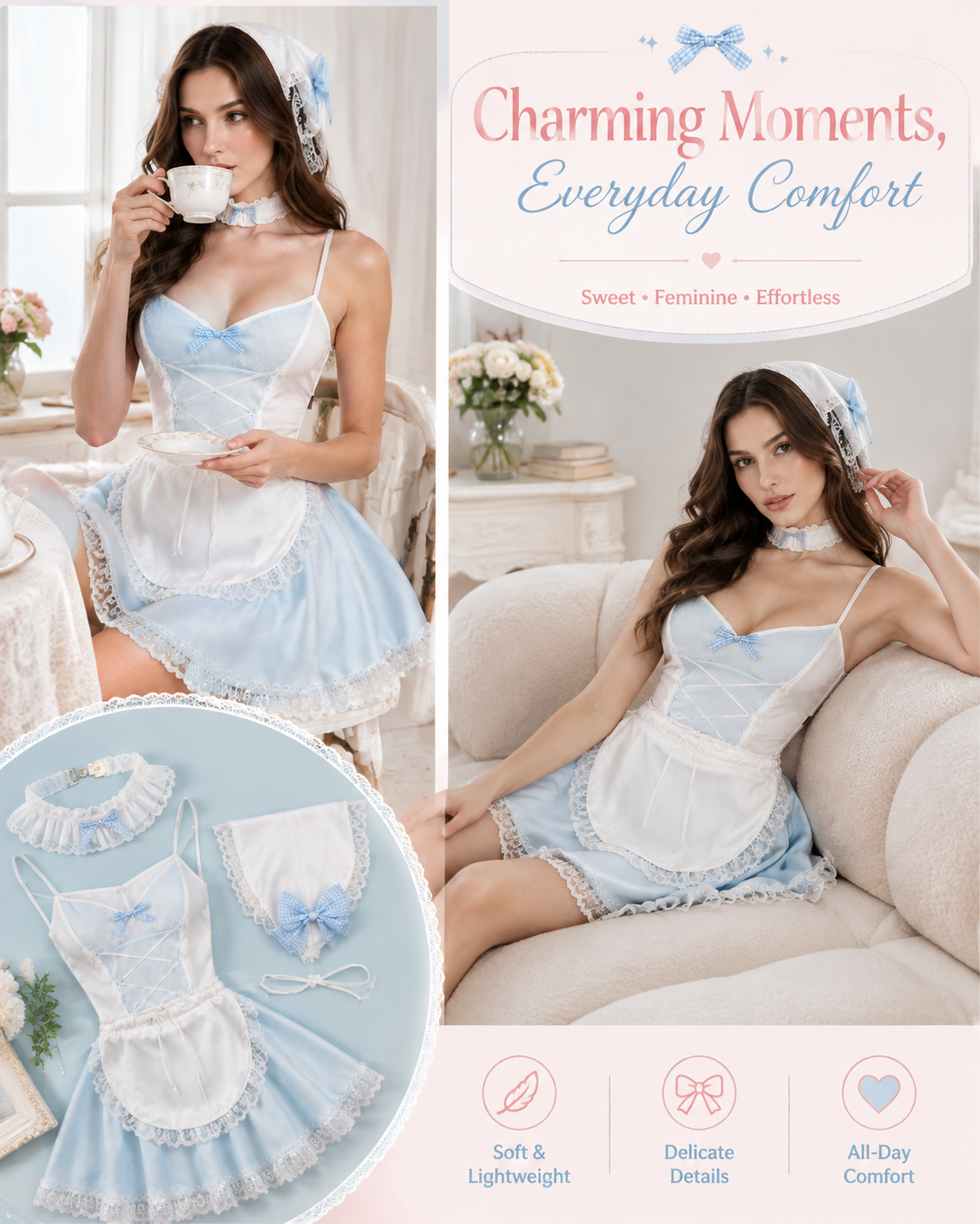 Powder Blue Lace Maid Costume - Detail 05