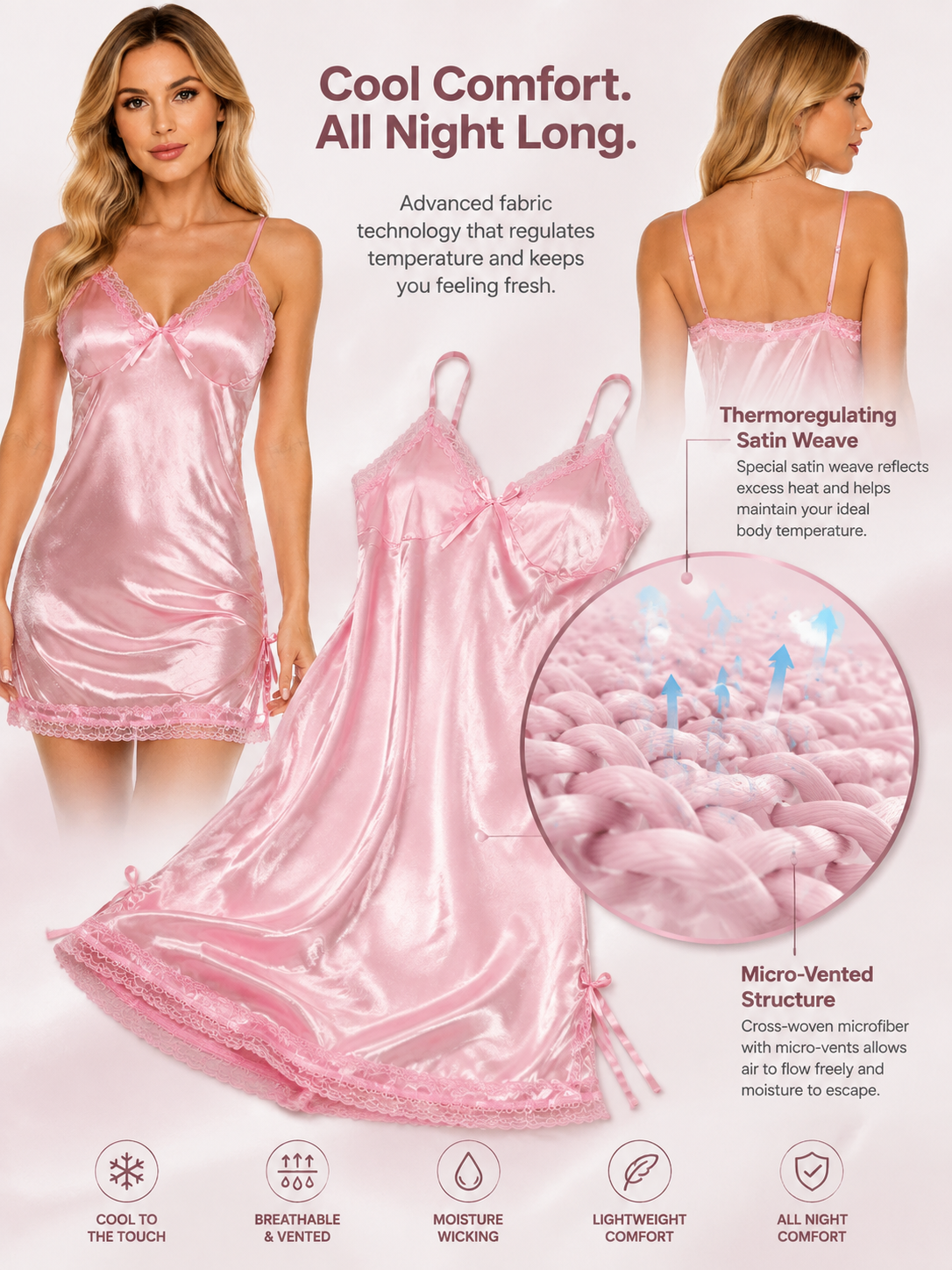 Rose Lace-Trim Satin Slip Nightdress - Detail image 3