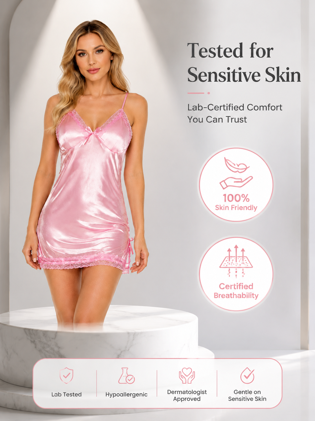 Rose Lace-Trim Satin Slip Nightdress - Detail image 7