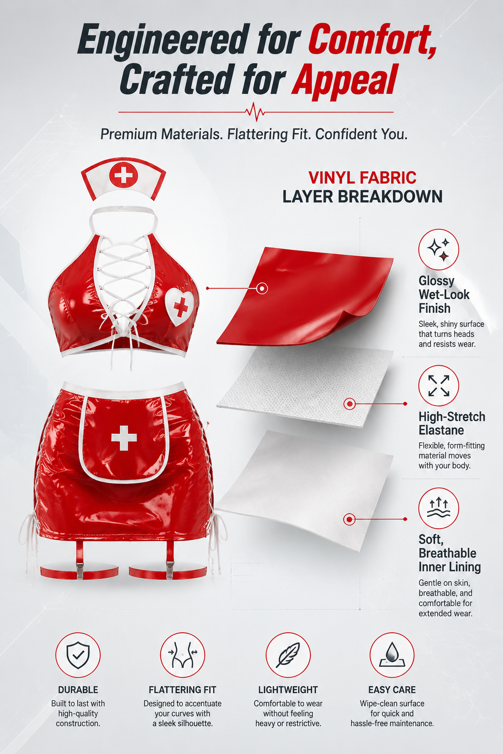 Scarlet Wet-Look Nurse Costume - Detail image 3