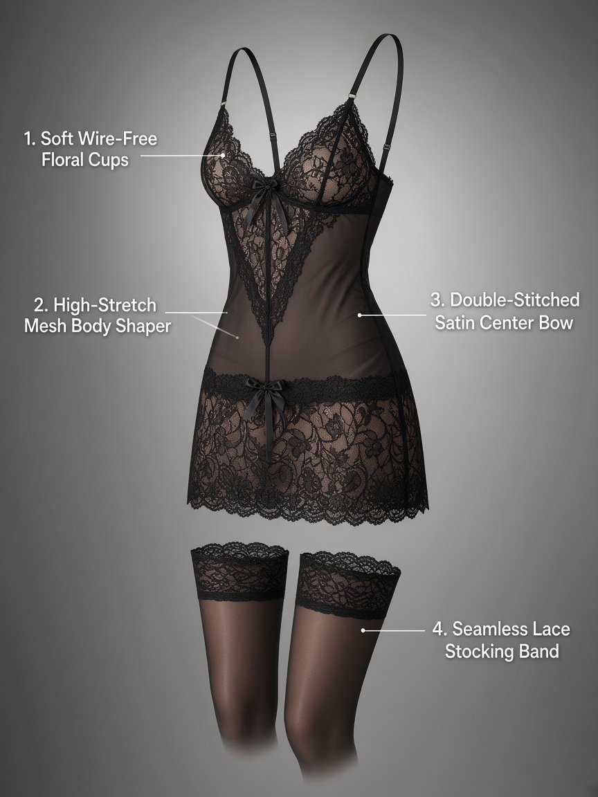 Violet Allure Sheer Lace Chemise - Detail image 3
