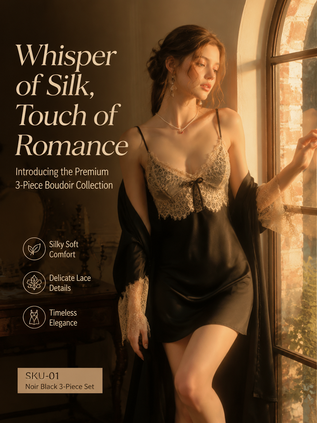 Satin Cami, Shorts & Robe 3-Piece Pajama Set product detail 1