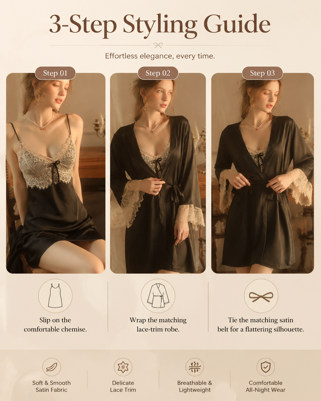 Satin Cami, Shorts & Robe 3-Piece Pajama Set product detail 6