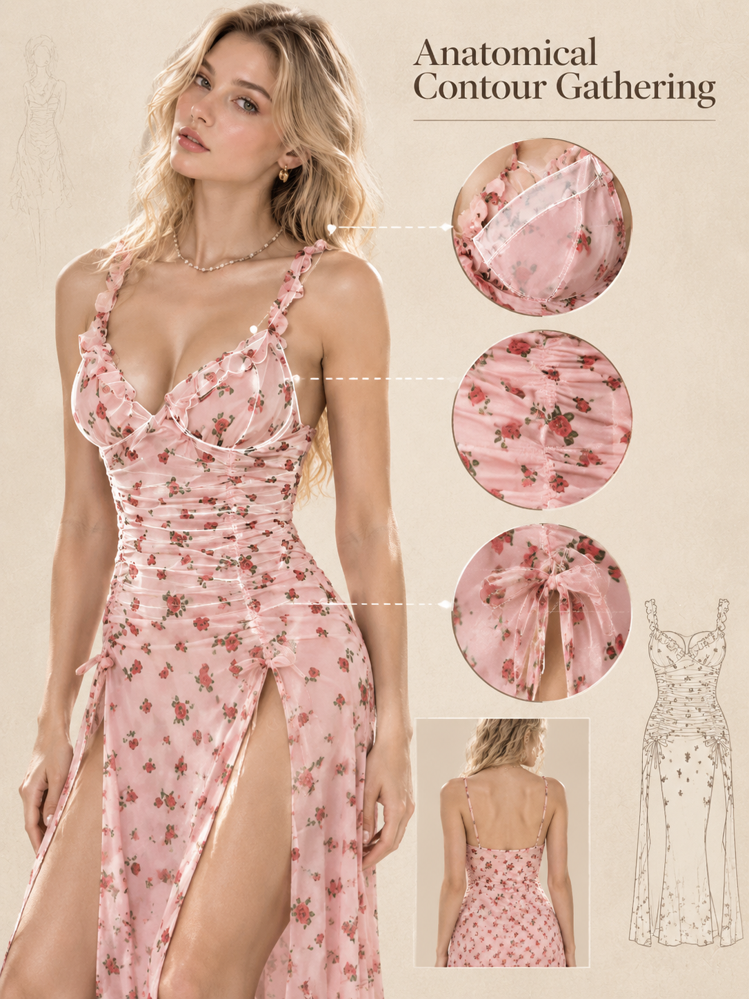Rose Garden Ruched Chiffon Nightdress – Ruffle Straps & Dual Slits detail