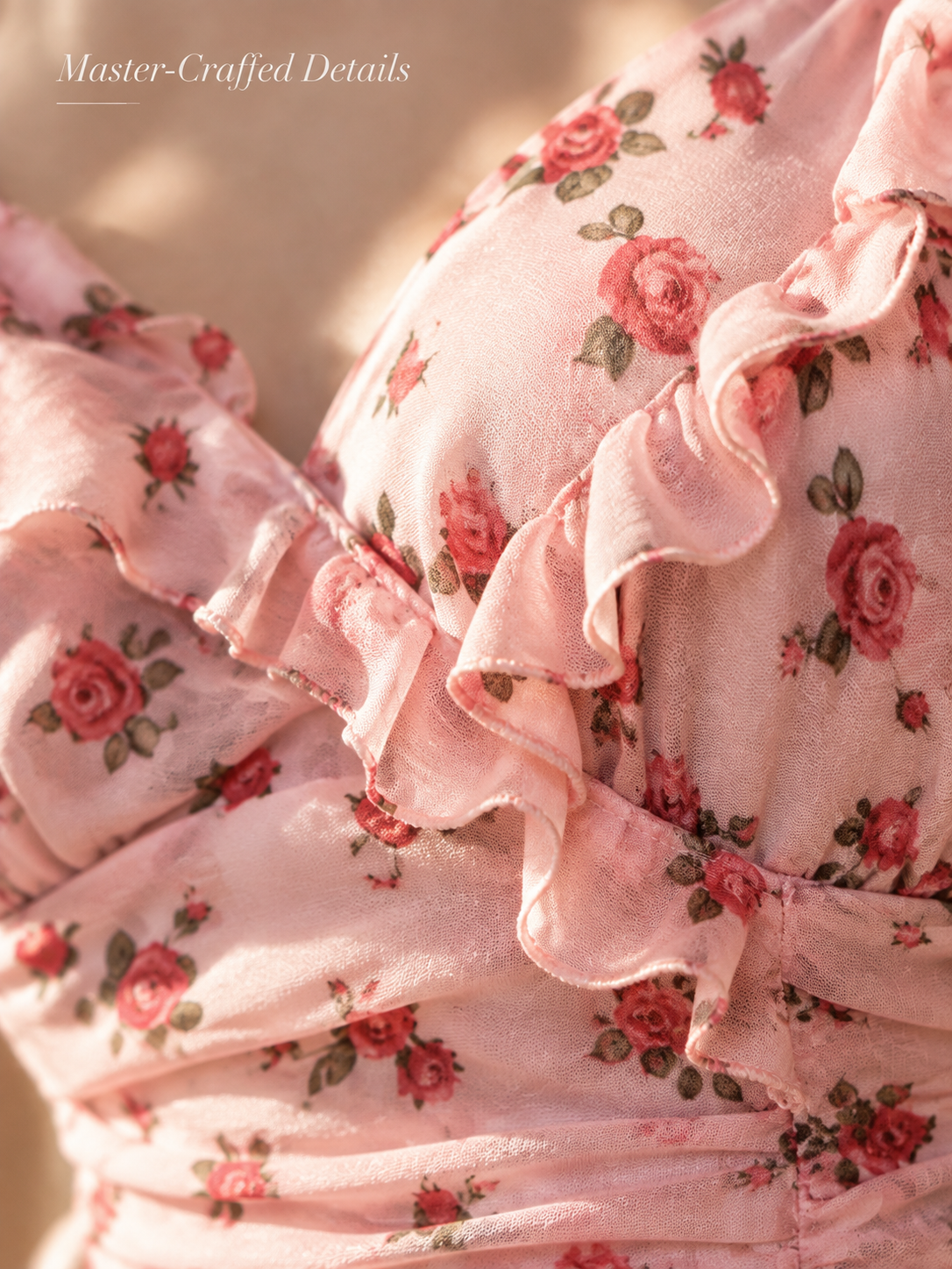 Rose Garden Ruched Chiffon Nightdress – Ruffle Straps & Dual Slits detail