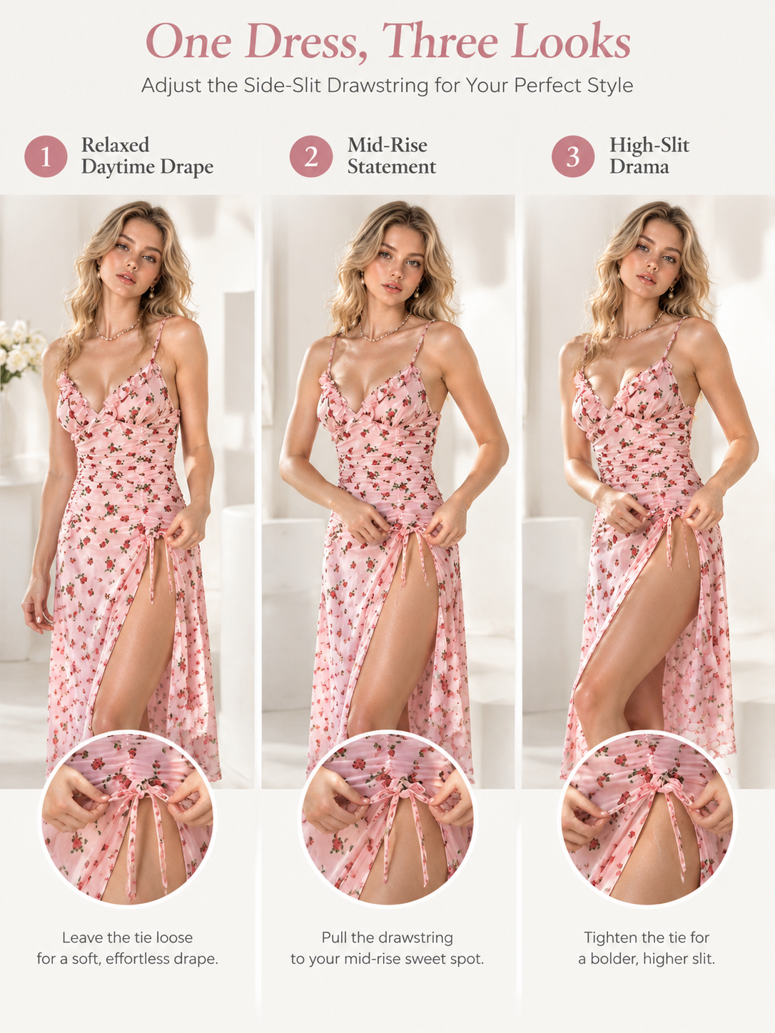 Rose Garden Ruched Chiffon Nightdress – Ruffle Straps & Dual Slits detail