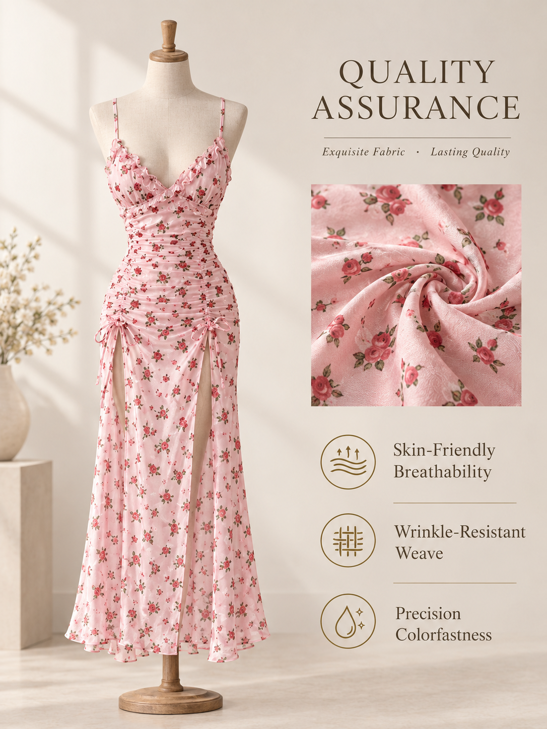 Rose Garden Ruched Chiffon Nightdress – Ruffle Straps & Dual Slits detail