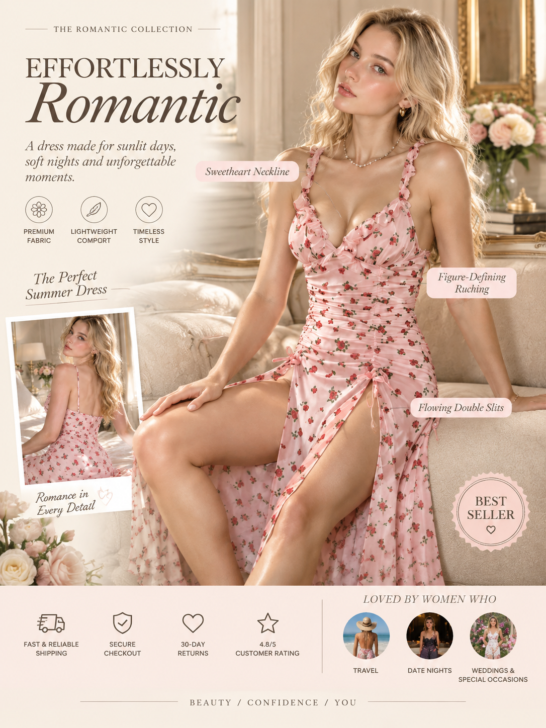 Rose Garden Ruched Chiffon Nightdress – Ruffle Straps & Dual Slits detail