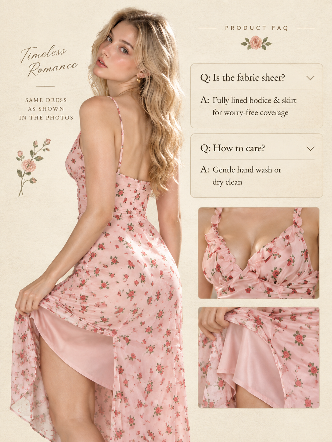 Rose Garden Ruched Chiffon Nightdress – Ruffle Straps & Dual Slits detail