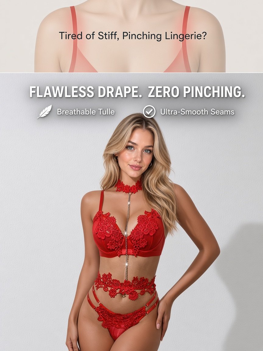 Floral Lace 4-Piece Lingerie Set – Underwire Bra & Chain Detail detail