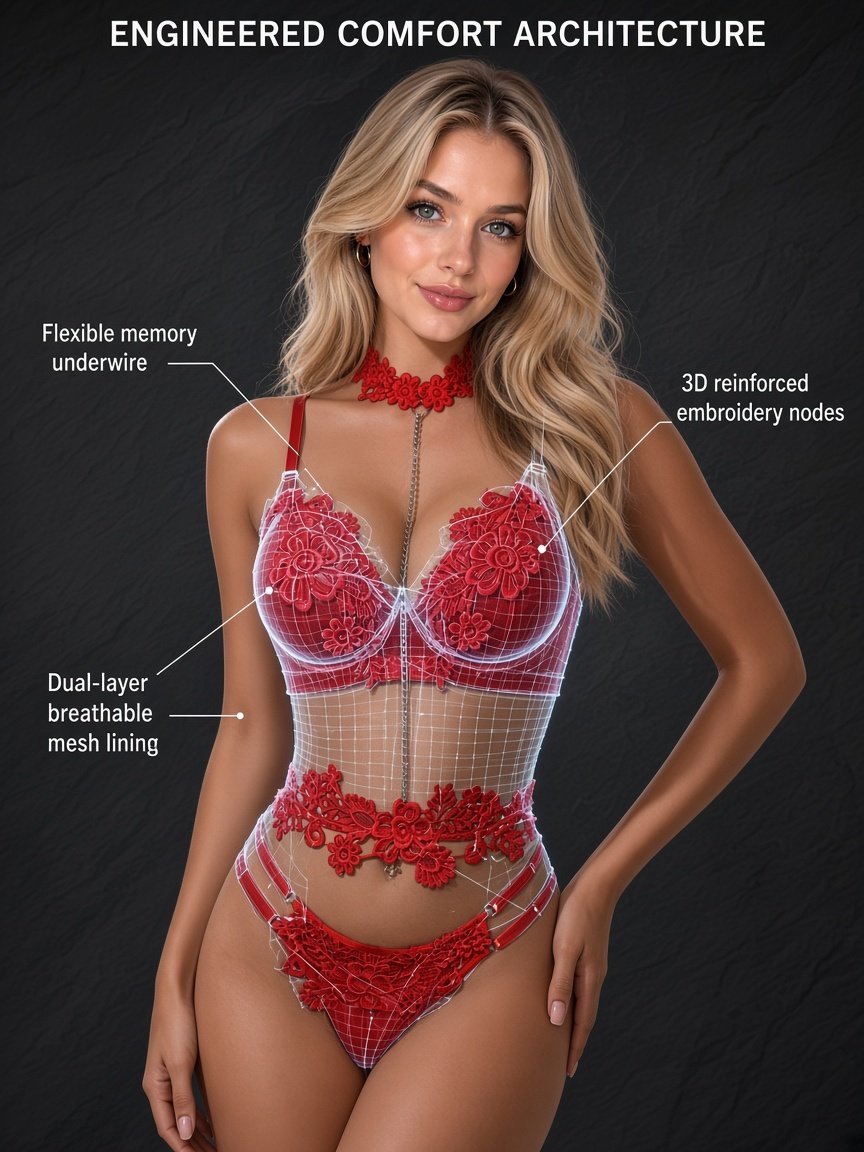 Floral Lace 4-Piece Lingerie Set – Underwire Bra & Chain Detail detail
