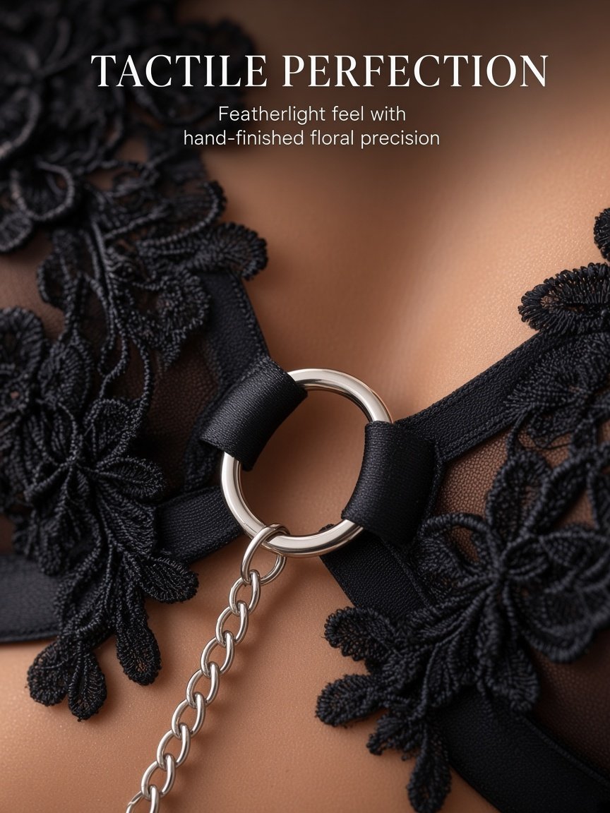 Floral Lace 4-Piece Lingerie Set – Underwire Bra & Chain Detail detail