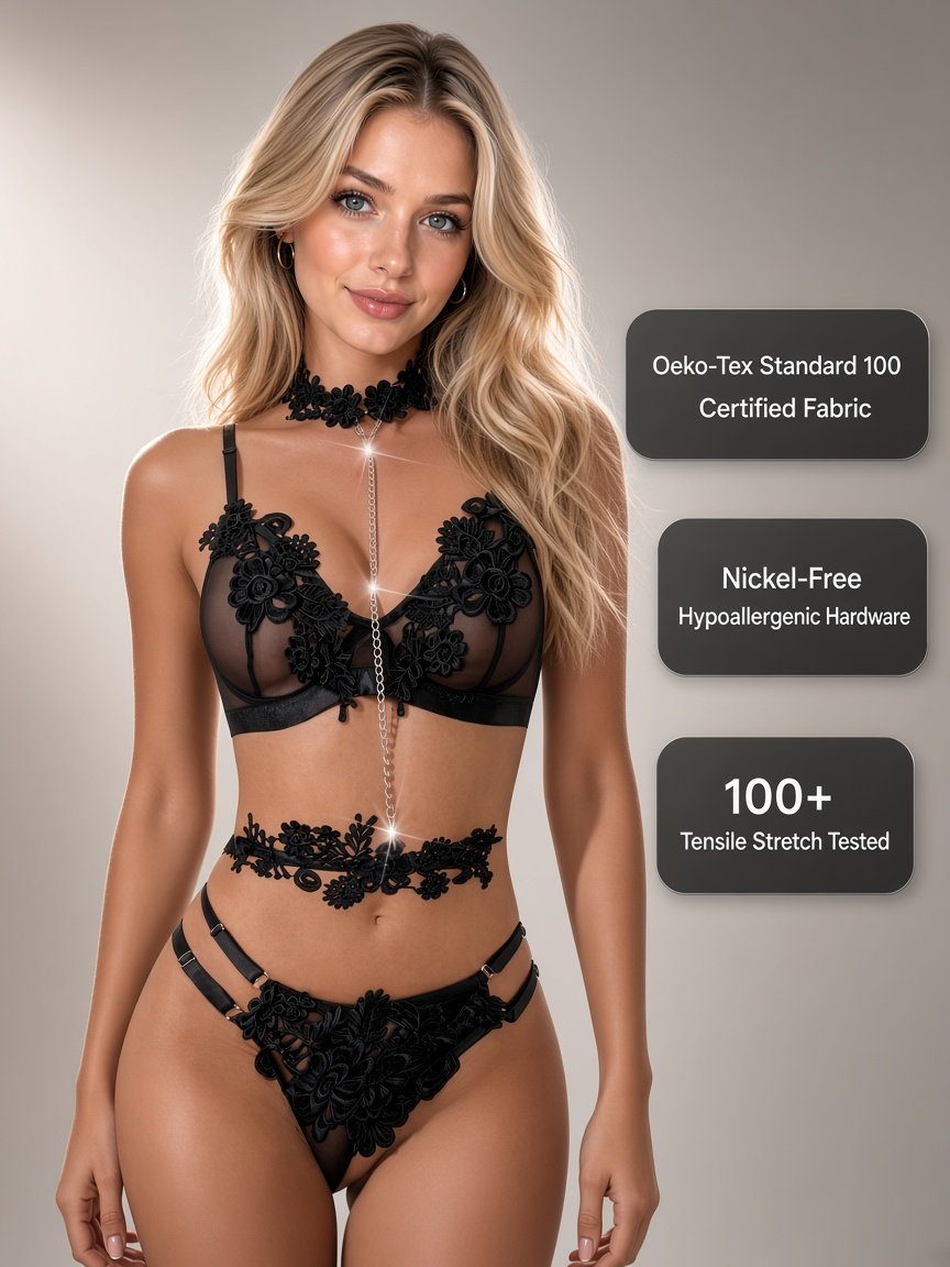 Floral Lace 4-Piece Lingerie Set – Underwire Bra & Chain Detail detail