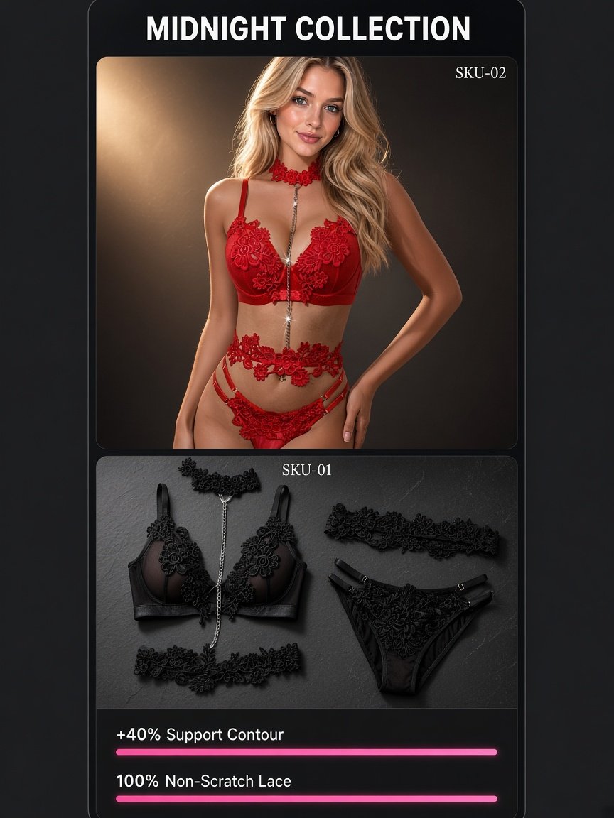 Floral Lace 4-Piece Lingerie Set – Underwire Bra & Chain Detail detail