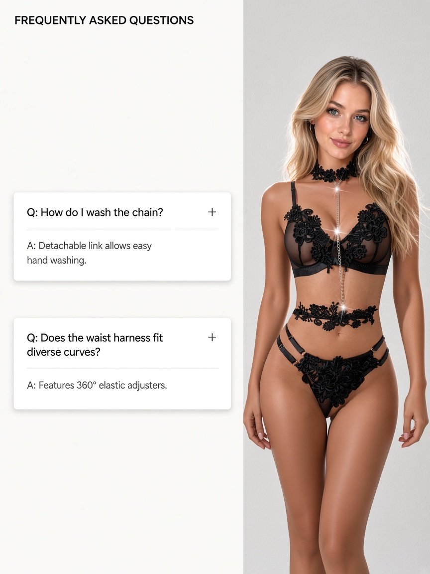 Floral Lace 4-Piece Lingerie Set – Underwire Bra & Chain Detail detail