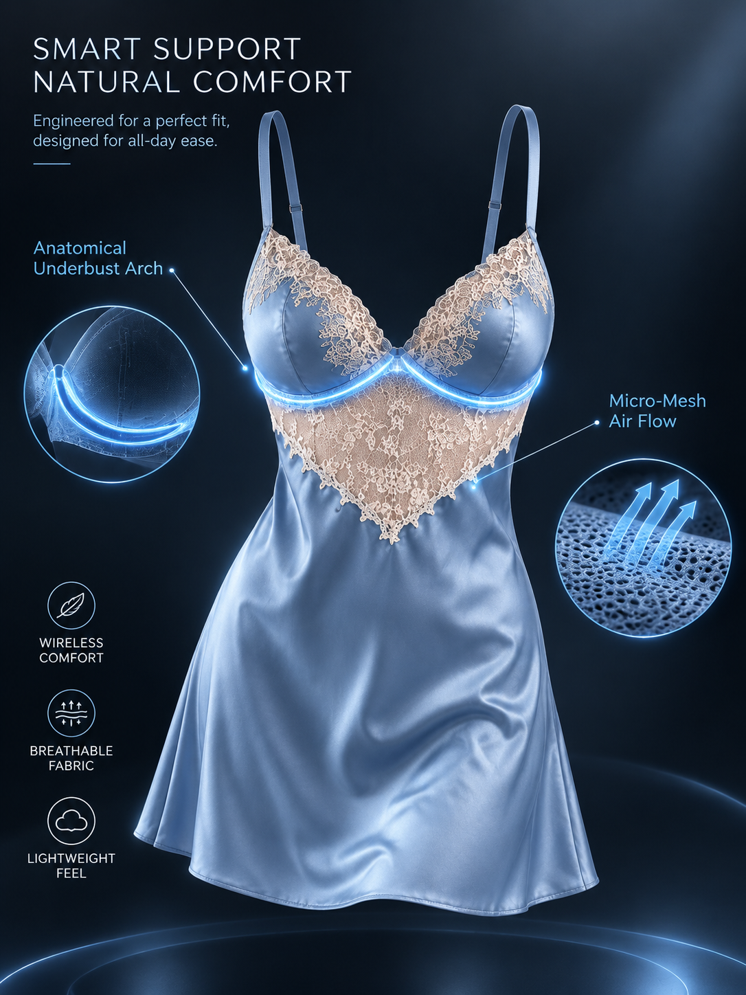 Lace-Trim Padded Satin Chemise – Silky Cami Nightdress detail