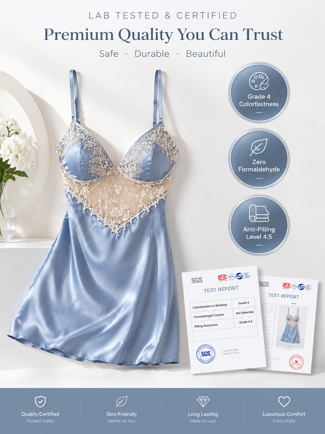 Lace-Trim Padded Satin Chemise – Silky Cami Nightdress detail