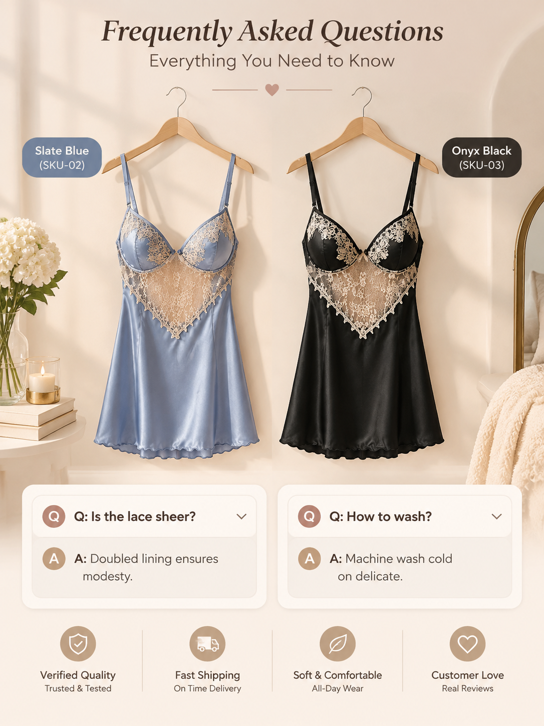 Lace-Trim Padded Satin Chemise – Silky Cami Nightdress detail