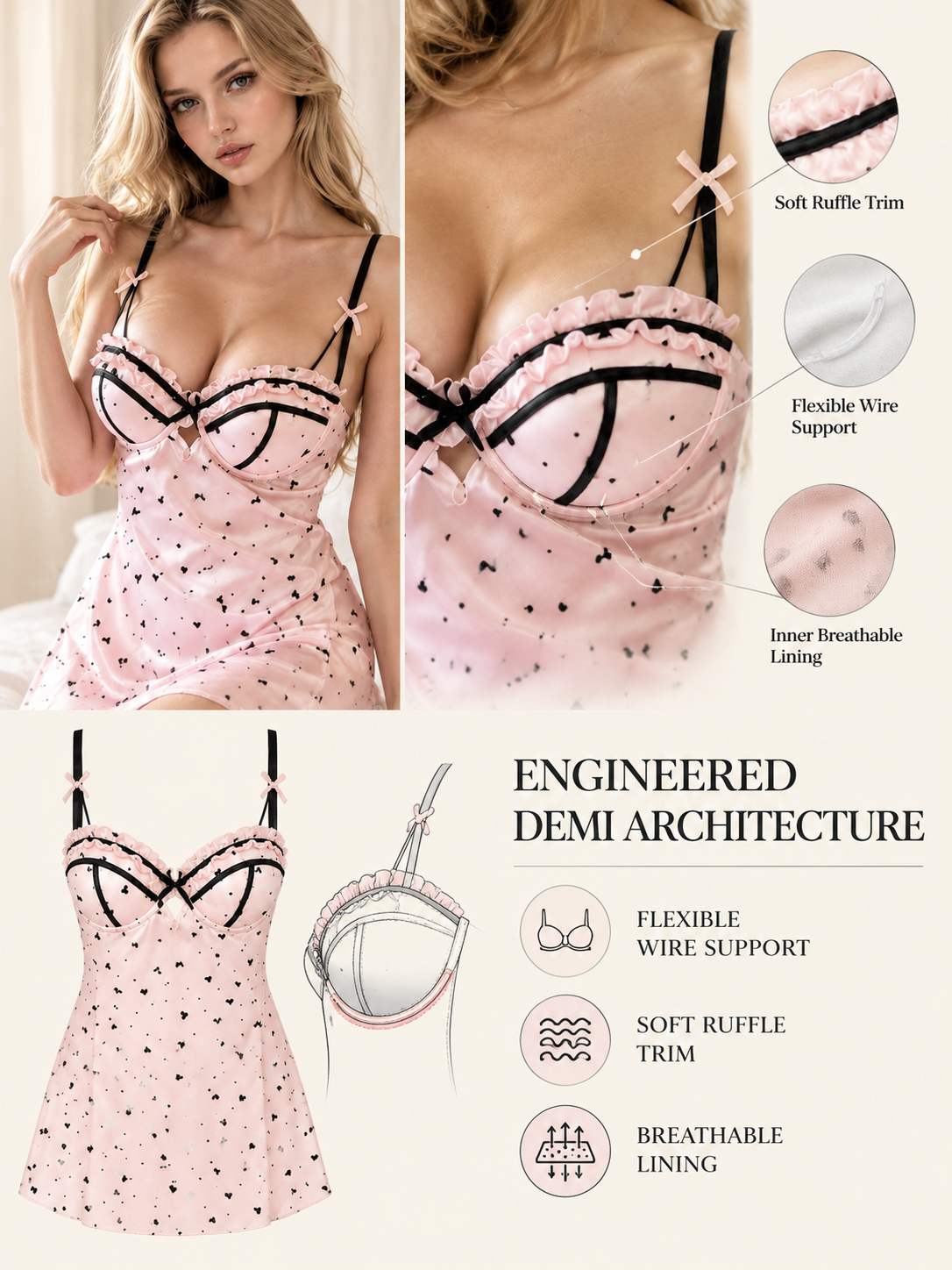 Heart Print Padded Chiffon Nightdress – Ruffle Cami Sleepwear detail