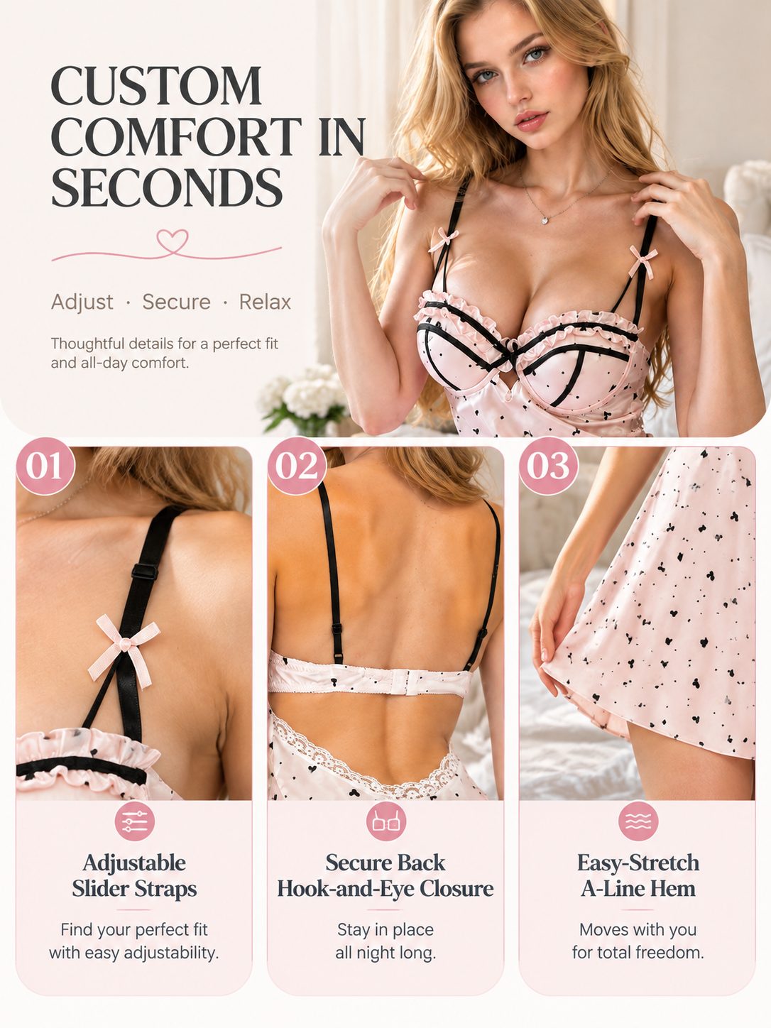 Heart Print Padded Chiffon Nightdress – Ruffle Cami Sleepwear detail