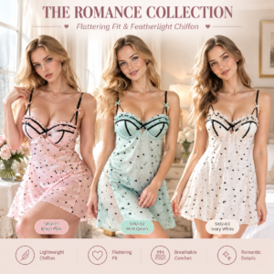 Heart Print Padded Chiffon Nightdress – Ruffle Cami Sleepwear